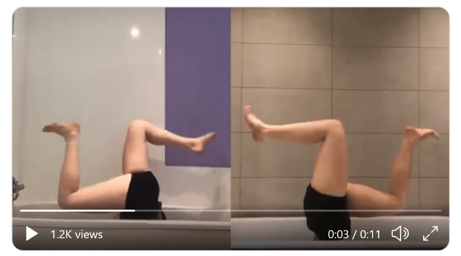 Split scren image of two swimmers upside down in a bathtub doing a synchro move